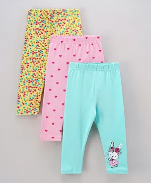 Babyhug Knit Full Length Cotton Leggings Floral Print Pack of 3 - Pink Green Yellow