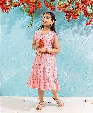 Hola Bonita Ruffle Sleeves Tiered Frock Floral Print - Peach