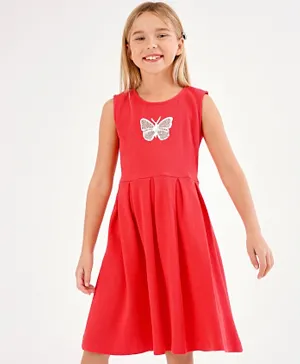 Primo Gino Sleeveless Waffle Frock With Iridescent And Rhinestone Treatment Butterfly Badge - Red