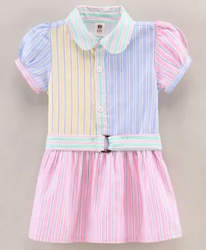ToffyHouse Cotton Woven Short Sleeves Striped Frocks -Multicolour