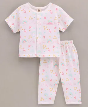 ToffyHouse Cotton Half Sleeves Pajama Set Printed - White
