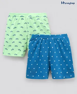 Honeyhap Premium 100% Cotton Boxers With   Anti-Microbial  Finish Car & Star Print Pack of 2 - Green Blue