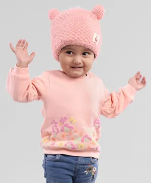 Babyoye Full Sleeves Cotton Sweatshirt Flowers & Butterfly Print- Peach