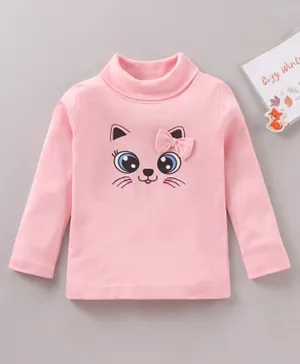 Babyhug Full Sleeves Skivi Tee With Kitty Face Graphics & Bow Tie Detailing - Pink
