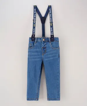 Babyhug Full Length Washed Solid Color Denim Jeans & Suspender - Blue