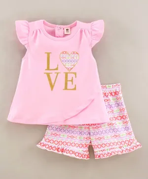 ToffyHouse Cap Sleeves Cotton Top & Shorts Printed- Pink