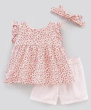 Bonfino Flutter Sleeves Top & Shorts Set With Floral Print & Headband - Peach