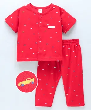 ToffyHouse Half Sleeves Cotton Night Suit Car Print- Red