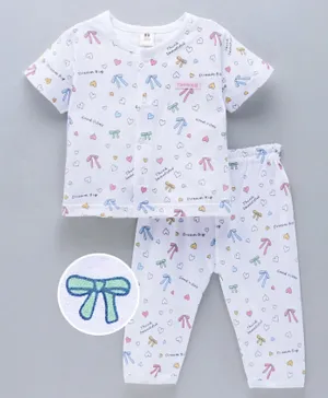 ToffyHouse Half Sleeves Cotton Night Suit Ribbon & Heart Print- White