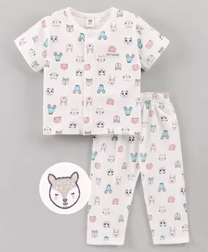 ToffyHouse Cotton Half Sleeves Pajama Set Animals Printed - White