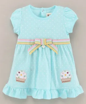 ToffyHouse Short Sleeves A Line One Piece Frock Polka Dot Print with Ice Cream Patch - Turquoise Blue