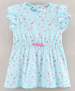 ToffyHouse Short Sleeves Frock Sparrow & Floral Print - Blue