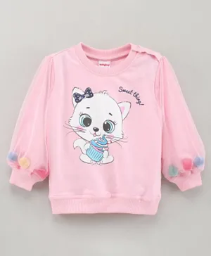 Babyhug Full Sleeves Sweatshirt With Graphics And Pom Pom Details - Light Pink