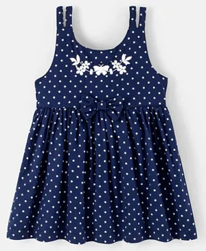 Babyoye Cotton Woven Sleeveless Butterfly Embroidered Frock Polka Dots Print - Navy
