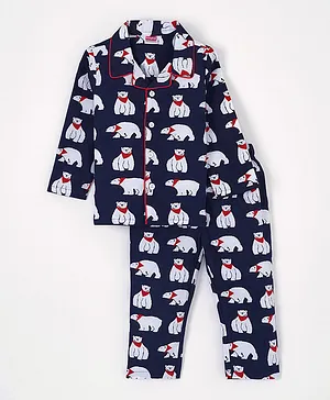 Babyhug Cotton Woven Full Sleeves Night Suit Polar Bear Printed - Navy
