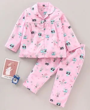 Babyhug Cotton Woven Full Sleeves Bunny Printed Night Suit - Pink