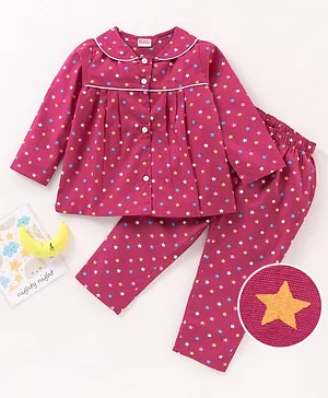 Babyhug Cotton Woven Full Sleeves Star Print Pyjama Set - Pink