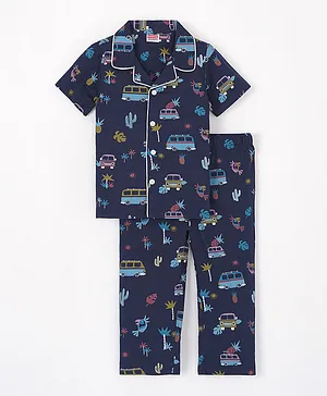 Babyhug Half Sleeves Cotton Night Suit Car Print - Navy