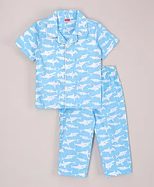 Babyhug Full Sleeves Shirt With Pyjama Sets Shark Print - Blue