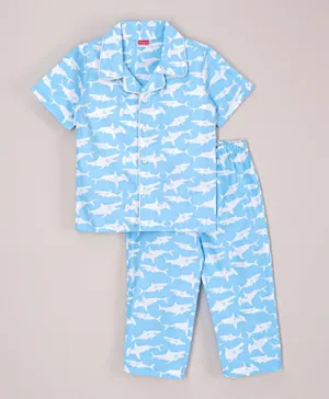 Babyhug Full Sleeves Shirt With Pyjama Sets Shark Print - Blue