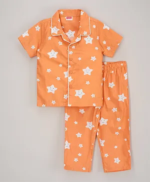 Babyhug Full Sleeves Shirt With Pyjama Sets Star Print - Peach