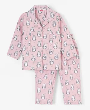 Babyhug Full Sleeves Cotton Woven Nightsuit Penguin Print- Pink