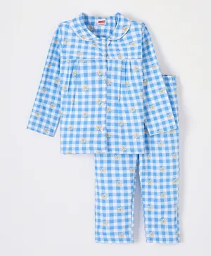 Babyhug Cotton Woven Full Sleeves Checks Night Suit - Blue