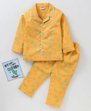 Babyhug Cotton Woven Full Sleeves Crocodile Printed Night Suit - Orange