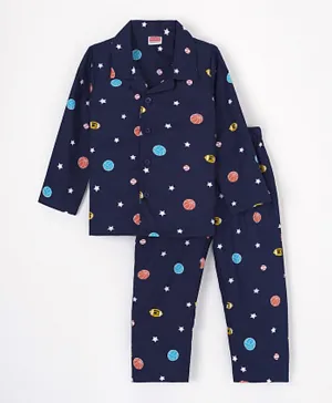 Babyhug 100% Cotton Woven Full Sleeves Night Suit Football Print - Navy Blue