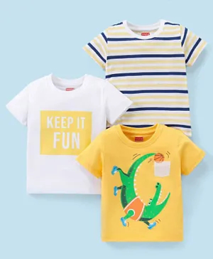 Babyhug Cotton Half Sleeves T-Shirt Dino & Stripes Print Pack of 3- Yellow & White