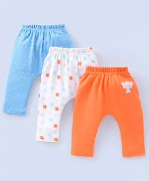 Babyhug Cotton Full Length Diaper Pants Stars & Elephant Print Pack Of 3- Orange & Blue