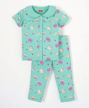 Babyhug Half Sleeves Cotton Night Suit Ice Cream & Donuts Print- Blue Mint