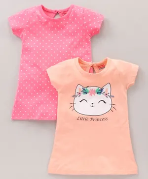 بيبي هاغ قميص نوم نصف الأكمام بنقشة القطة والنقاط مجموعة من قطعتين - وردي خوخي