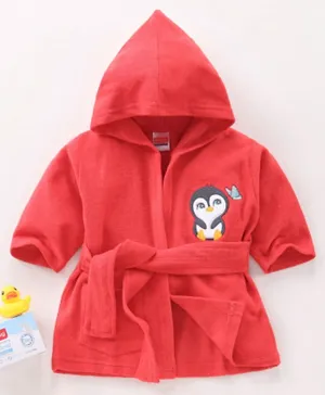 Babyhug Three Fourth Sleeves Hooded Bath Robe Penguin Embroidery- Red