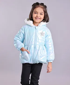 Babyhug Full Sleeves Polyester Hooded Jacket With Shimmer- Blue