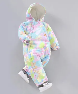 Babyhug Woven Full Sleeves Hooded Rompers Abstract Floral Print - Multicolour