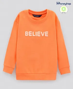 Honeyhap 100% Cotton Full Sleeves Biowashed Sweatshirt Text Embroidery- Orange