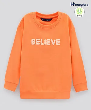 Honeyhap 100% Cotton Full Sleeves Biowashed Sweatshirt Text Embroidery- Orange