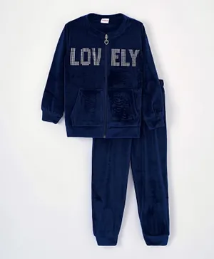 Babyhug Full Sleeves Winter Wear Suit Foil Text Print - Navy
