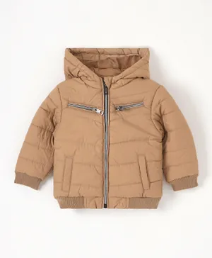 Babyhug Full Sleeves Solid Heavy Winter Hooded Jacket - Fawn