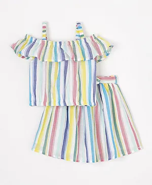 Babyhug Off Shoulder Sleeves Woven Striped Top & Skirt Set - Multicolor