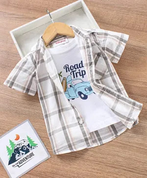 Babyhug Cotton Half Sleeves Checkered Shirt With A T-Shirt Car Print- White