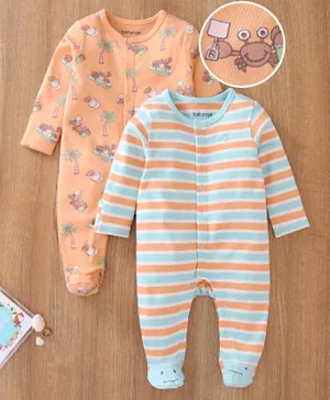 Babyoye Cotton Blend Full Sleeves Sleep Suit Stripes and Beach Print Pack of 2 - Orange and Blue