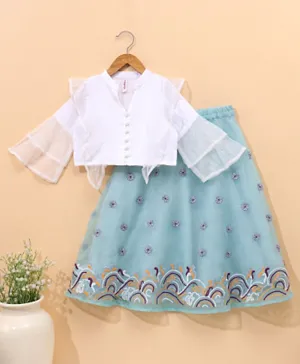Babyhug Three Fourth Sleeves Top & Skirt Set Floral Embroidery- Mint