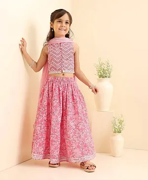 Babyhug Polyester Woven Sleeveless Choli With Floral Printed Lehenga & Dupatta - Pink