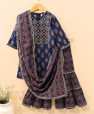 Babyhug Cotton Three Fourth Sleeves Kurti and Sharara Set with Dupatta Floral Print - Navy Blue Red