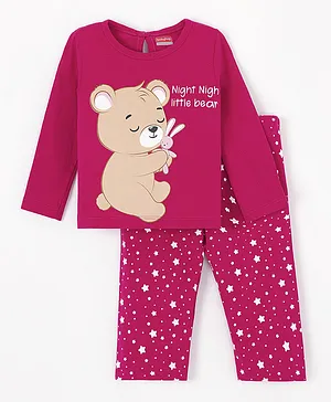 Babyhug 100% Cotton Full Sleeves Night Suit Bear Print - Maroon