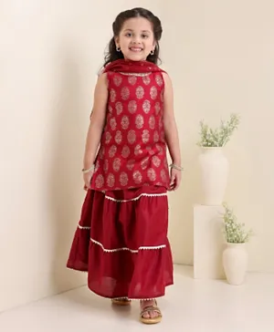 Babyhug Polyester Woven Sleeveless Choli & Lehenga With Dupatta Ethnic Print - Red