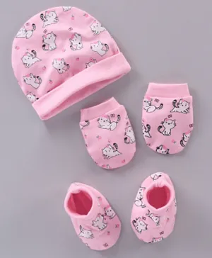 Babyhug 100% Cotton Cap Mittens & Booties Set Cat Print - Pink