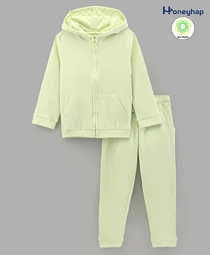 Honeyhap 100% Cotton Full Sleeves Biowashed Solid Hooded Sweatshirt & Joggers Set - Green